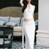 Sexy Seaside Resort Style French Wave Dot V-Neck Hanging Neck Vest Top + Hip Half Skirt Woman Summer Two Sets