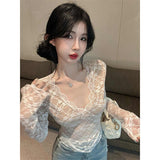 Sexy Babes Black V-Neck Lace Spliced Long-Sleeved T-Shirt Girl Spring New Slimming Inside Stacked Cloth