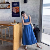 Blue Mist Love French Denim Dress Women's Summer Small Design Feel Waist Temperament Slings Long Skirt