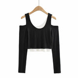 New Fashion Open Shoulder Elastic Slimming Short-Sleeved T-Shirt Two Stacks Of Bumpy Bottom Shirt