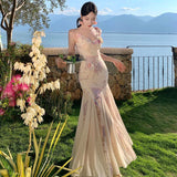 French Beautiful Three-Dimensional Flower Sling Dress Women's Summer Design Feel Waist Net Yarn Fishtail Long Skirt