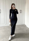 Ins Finger Buckle Solid Color Round-Neck Long-Sleeved Dress Body-Body-Skinny Dress Woman Tide