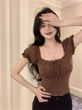 French Sexy Hottie Bubble Sleeve Short-Sleeved T-Shirt Girl Summer Pure Lust Collarbone Repair Short Top Female T-Tide