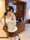 De-Huffed Brown Broken Flowers Spliced Bottom Shirt Women Autumn And Winter Half-High Collar Slimming Folding Inside Cloth