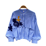 Korean Version Of Embroidery Patch Striped Temperament Shirt Women Summer Long Sleeves Loose Cardigan Design Sense Niche Commuter Top