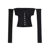 Purely Sexy Single-Sock Buckle Long-Sleeved Knitted Sweater Hot Girl High Waist To Play The Bottom Of The Short Top