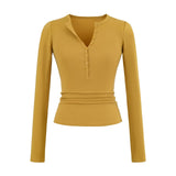 V-Neck Button Long-Sleeved T-Shirt V Collar Slimming Top New