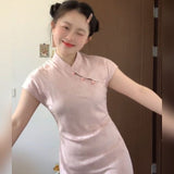 Large-Size Fat MM New Chinese-Style Improved Pink Cheongsam Dress Gentle Wind Temperament To Close The Waist Thin A Word Long Dress