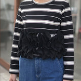 Multiplication Spring 2026 New Striped Long-Sleeved Splicing Heavyweight Women's Long-Sleeved Shirt Reduction Women's Top