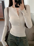 Ins Sexy Pure-Want Button Solid-Colored Long-Sleeved T-Shirt Girl Spring And Autumn Dress V-Neck Slimming Bottom Top Woman T