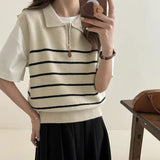 KANING Striped Collar Half Zipper Knitted Vest Women 2026 Autumn New Simple Folded Knitted Vest Women