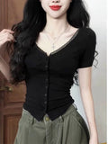 Pure-Want-Style Sexy V-Neck Lace Spliced Short-Sleeved T-Shirt Woman 2026 Summer New Hottie Slim Top