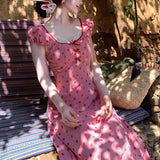 French Red Wave Dot Dress Summer New Sweet Lace Splicing High-Waist Holiday Style Long Skirt Tide