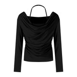 Pure Wind Hanging Neck Fake Two Long-Sleeved T-Shirts For The Autumn Women's New Body-Repair Short-Covered Tucked On The Shoulder Ins