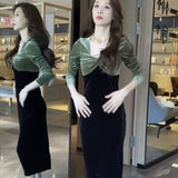 French Fashion Velvet V-Neck Dress Women 2025 Autumn And Winter New Bumpy Long-Sleeved Temperament Ass Long Dress