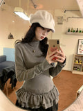 Dehian Warm Half-High Collar Long-Sleeved T-Shirt Girl Autumn And Winter Lace Splicing Inside The Bottom Shirt Top