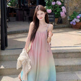 Sweet Gradient Beach Folded Sling Dress Women's Summer Vacation Style Loose Waist A-Shaped Dress