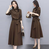 Temperament Elegant Style Long Sleeves Cross-Tie Bow Bow High-Neck Dress Women's Spring And Autumn New A-Word Long Skirt