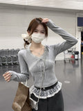 Autumn Ins Pure Desire To Sexy Low-Breast V-Neck De Velvet Lace Splicing Long-Sleeved T-Shirts For Girls With Short Bottom Tops