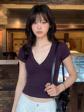 Slim Slimy And Sexy Pure Desire V-Neck Hottie Short-Sleeved Fashion Casual T-Shirt Girl Top