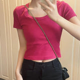 Ins Pure-Breining Style Short Sleeves And U-Necked Short-Sleeved T-Shirt Women's Collarbone Low-Chest Short-Sleeved Topess