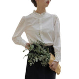 White Shirt Women 2026 Spring New Design Sense Of Small Single Buckle Wooden Ear Tie Shirt