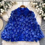 French Heavy Industry Nail Beads Three-Dimensional Flower Long-Sleeved Shirt Women Loose Thin Famous Lady Light Luxury Chic Lantern Sleeve Top