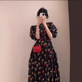 French Retro Black Collar Bubble Sleeve Shirt Dress Summer Waist Swing A Word Holiday Dress Woman