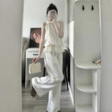 Korean Gentle Wind Hanging Neck Lotus Leaf Edge Sleeveless Coat Hanging Wide Leg Trousers Set Of Women's Summer Loose Thin Two Sets
