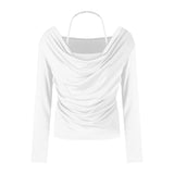 Pure Wind Hanging Neck Fake Two Long-Sleeved T-Shirts For The Autumn Women's New Body-Repair Short-Covered Tucked On The Shoulder Ins