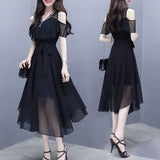 Summer Dress 2025 New Black Chiffon Dress Female Waist Thin Temperament Goddess Fan Summer Light Style Dress