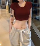 Ins Hottie Sexy Umbilly Short Pure Color T-Shirt Girl New Slim Slim Net Want U Collar Bottom Top Woman T-Tide