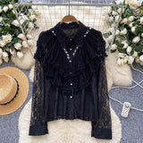 French Light Luxury Famous Heavy Industry Nails Beads To Spliced Long-Sleeved Lace Top Lady Autumn Body Bottom Shirt