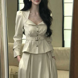 [Senino] Vintage Style Chic Lily Collared Waist Short Coat High Waist Swing Half Skirt Suit Dress Autumn