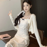 2026 New Korean Wave Point Sling Bow Tie Dress Female Gentle Temperament Small Long Dress