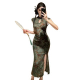 New Chinese Style Retro Sexy Print Improved Cheongsam Dress Women's Summer Style Thousands Of Pack Hip Long Skirts