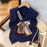 KANING Design-Sensitive Ribbon Bow V-Neck Vest Women's Autumn Soft-Gried Knitted Vest Korean Sleeveless Top