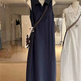 INS Style Simple Generous Polo Collar Sleeveless Dress Women's Summer Daily Loose Temperament Vest Skirt Relaxation White