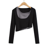 INS Spring/Autumn Irregular Colleal Slammed Two-Sleeved Set Of Women's U-Neck Solid Colored Long Sleeved T-Shirt