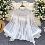 Court Style Niche High-End Feeling Heavy Industry Nails Drill Lantern Sleeve Escre Net Yarn Shirt Women Loose Leisure Top