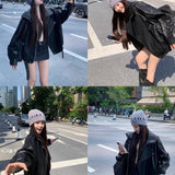 Black Retro Locomotive Collar Pu Leather Coat Female Cool Wind 2025 Spring And Autumn New Leather Jacket Locomotive Top
