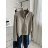 LEKA Old Money Style High-Necked Double Zipper Knitted Cardigan Women 2026 Autumn And Winter New Solid Color Design Sweater Jacket