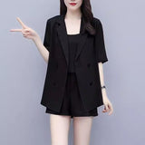 Large-Size Women's Summer New Meat-Covery Temperament Sling Suit Suit Jacket With Thin Shorts Three-Piece Set