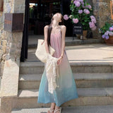 Sweet Gradient Beach Folded Sling Dress Women's Summer Vacation Style Loose Waist A-Shaped Dress