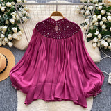 Court Style Niche High-End Feeling Heavy Industry Nails Drill Lantern Sleeve Escre Net Yarn Shirt Women Loose Leisure Top