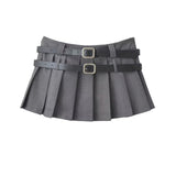 Vintage College Style Ultra-Low-Waund 100-Folded Skirt Hottie Double Belt Folding Anti-Light A-Word Super Short Skirt
