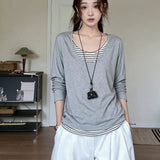 Snowflake Cotton Korean White Striped Fake Two Casual Long-Sleeved T-Shirts Folded V-Necked Women