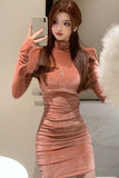 Korean Version Of The Fashion Half-High Collar Gold Velvet Dress Women Autumn Pure Desire Hot Girl Sexy Tight Inside The Ass Skirt