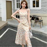 Dress 2025 New Women's Summer French Retro Waist Temperament Broken Flower Fork Sling Skirt Fashion Temperament