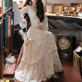 Autumn And Winter French Retro Light Wedding Dress Three-Layer Tower Lace Cake Skirt Heavy Industry Lotus Leaf V Collar Long Skirt Temperament Skirt